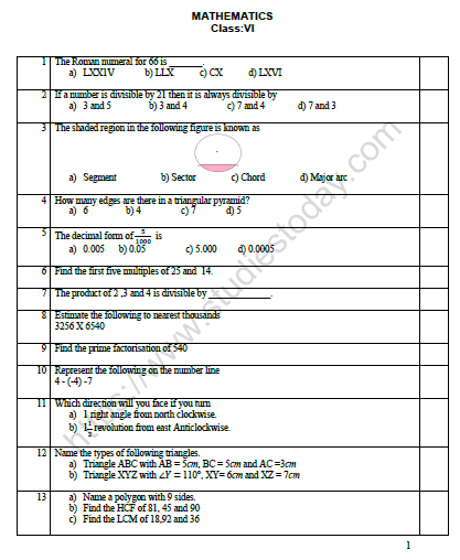 cbse class 6 mathematics revision worksheet set d